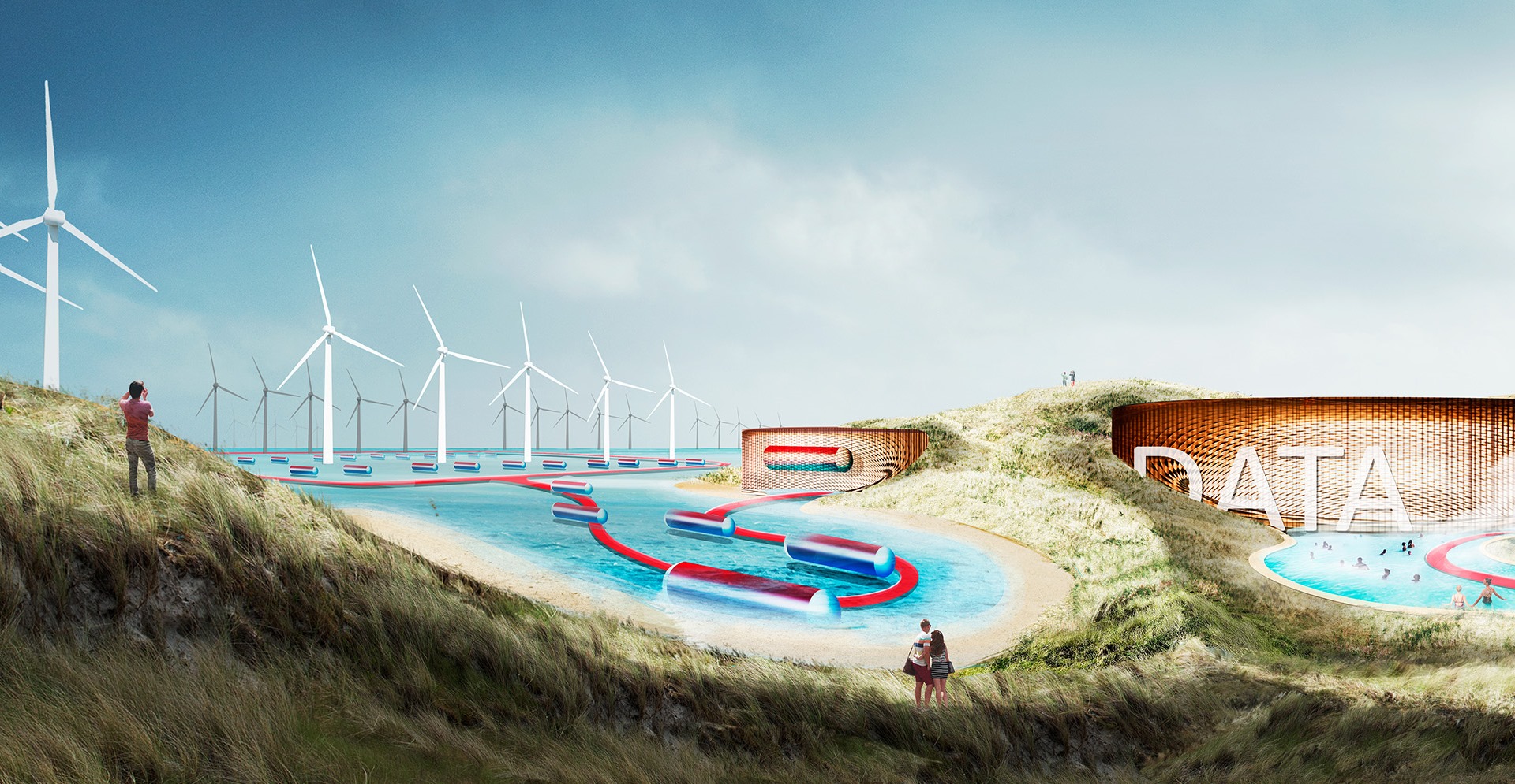 Visualisatie van energietransport van windmolens op zee naar datacenter