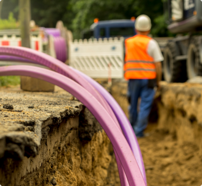 A man in an orange vest stands beside a purple pipe.