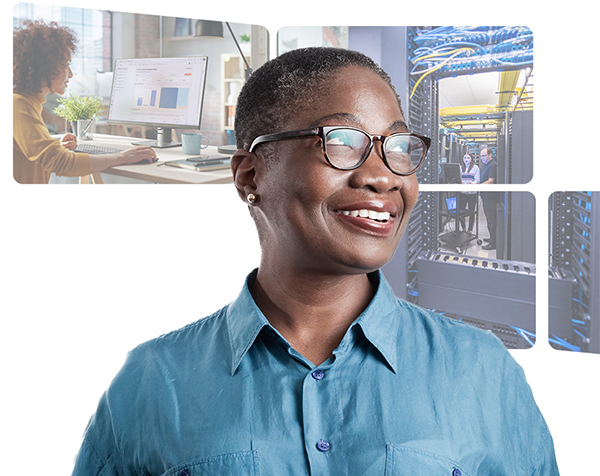 A smiling woman in glasses and a blue shirt radiates positivity and confidence in her expression.